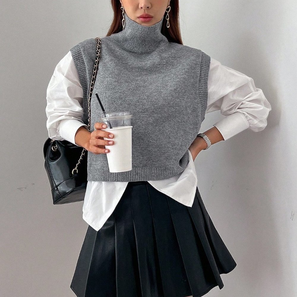 Grey Casual Womens Turtleneck Split Hem Sweater Vest